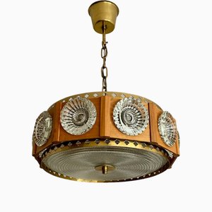 Teakwood and Brass Chandelier attributed to Carl Fagerlund for Orrefors, 1960s