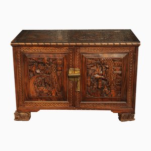 Chinese Export Carved Two Door Five Campaign Drawer Camphor Chest, 1890s