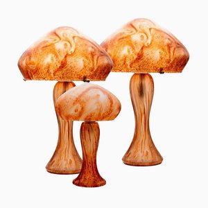 Art Nouveau Mushroom Hand Blown Table Floor Lamps, France, 1970s, Set of 3