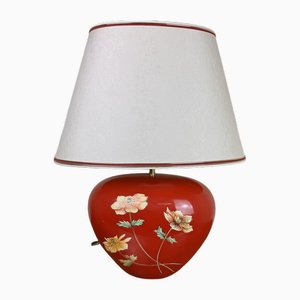 Large Vintage Ceramic Lamp with Flower Decorations on a Red Background, 1980