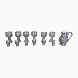 Vintage Medieval Style Pewter Chalices, Cups and Jug with Decorations of Animated Scenes, Set of 13