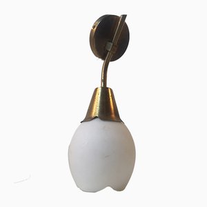 Tulip Shaped Modernist Sconce in Brass & Opaline Glass, 1950s
