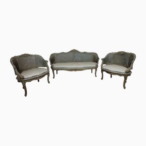 Living Room Set in Lacquered Wood and Cane, 1900s, Set of 3