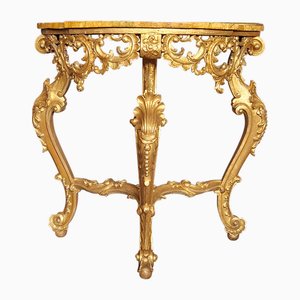 Consola Luis XV en forma de media luna de principios del siglo XX de madera tallada y dorada, Venecia, años 80
