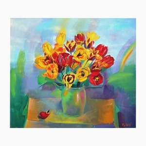 Zita Sudnika, Tulips with a Rainbow, Oil on Canvas