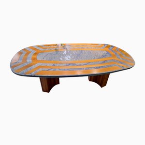 Dining Table in Azul Macaubas Blue Marble with Wooden Inlays and Wooden Base, 1980s