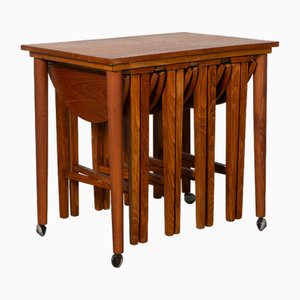 Nesting Table and Foldable Stools in Teak and Beech, 1970s, Set of 5