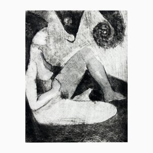 Krystyna Jaszke, con un camaleón, Mezzotint en papel, 2013
