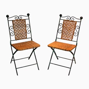Set of Foldable Wrought Iron and Rattan Chairs