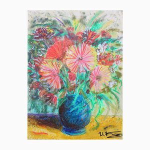 Uldis Krauze, Flowers in a Blue Vase, Mixed Media on Cardboard