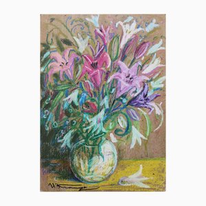 Uldis Krauze, Blumen in einer Glasvase Mixed Media auf Karton