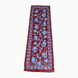 Handmade Pure Silk Table Runner with Blue Flowers, 1980s