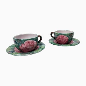 Grüne Tee- und Kaffeetassen aus Steingut mit Blumenmotiven von Zaccagnini, 1940er, 2er Set