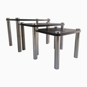 Mid-Century Nesting Tables in Wood and Chrome, 1970s, Set of 3