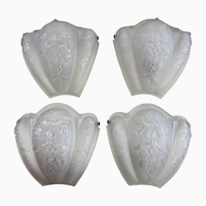Mid-Century Wall Lamps in Opaline Glass and Brass, 1940s, Set of 4