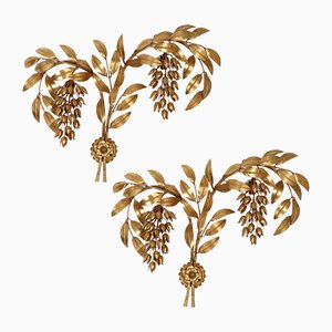 Lámpara de pared con forma de palmera de metal dorado de Hans Kögl, años 70. Juego de 2