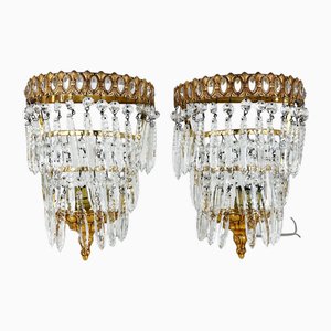 Vintage Brass and Crystal Wall Lights, 1930s, Set of 2