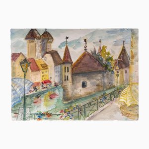 Evelyne Luez, Village, 1980-1990, Acquerello su carta
