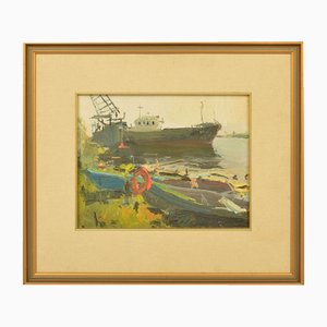 Muelle de barcos, siglo XX, óleo a bordo