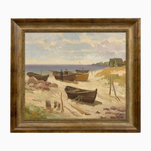 Fishing Boats, Oil on Canvas, 20th Century, Framed