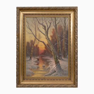 Winter Evening, Oil on Canvas, Early 1900s, Framed