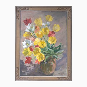Bodegón con flores, óleo sobre tabla, finales del siglo XX