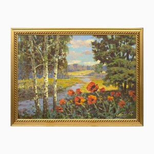Naturlandschaft mit Fluss und Mohnblumen, Öl auf Leinwand, 21. Jahrhundert