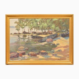 Rolands Beitners, Boats in the River, 1969, Oil on Canvas on Cardboard