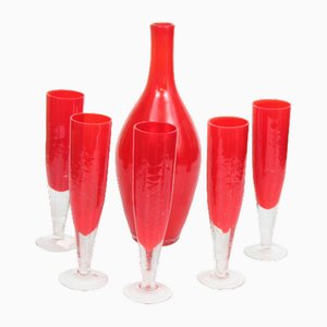 Red Glass Decanter with Glasses, Set of 6