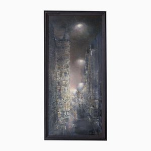 City in the Night, Oil on Canvas, Late 20th Century