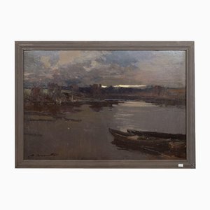 Boats in the River, Oil on Board, 20th Century