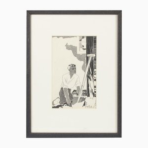 Ein Mann mit Schaufel und in den Bergen, 20. Jh., Tuschezeichnungen, Gerahmt, 2er Set