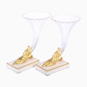 Trumpet-Shaped Glass Vases on Marble Base with Gilded Bronze, Set of 2