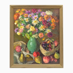 Still Life with Flowers and Fruits, Oil on Canvas, Late 20th Century