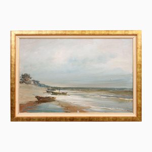 Boote an der Küste, Öl auf Leinwand, 20. Jh.