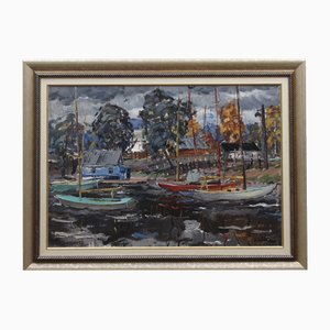 Yachts on the Coast of Lielupe, Oil on Board, 20th Century, Framed
