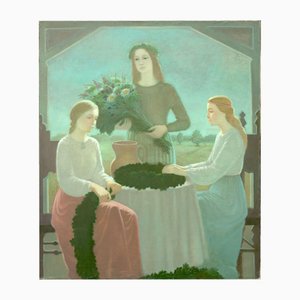 Wreath Braiders, Oil on Canvas, Late 20th Century