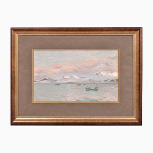 Eduards Kalnins, Landscape with Boats, Oil on Board, 20th Century