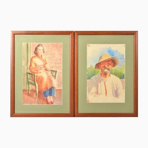 Jans Roberts Tilbergs, Portraits of Parents, 1940s, Watercolors, Set of 2