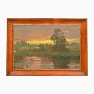 Puesta de sol, Óleo a bordo, Siglo XX, Enmarcado