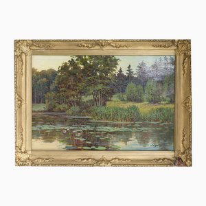 Paesaggio fluviale con ninfee, Olio su tavola, XX secolo