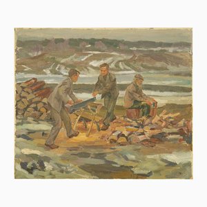 Skaideniamen Sawing, Oil on Board, 20th Century