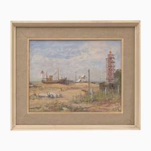 Paesaggio di porto, pittura a olio, XX secolo