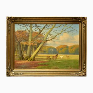 Landscape with Deer, Oil on Canvas, 20th Century