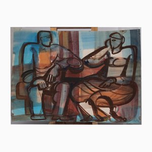 Two-Sided Two Figures Choir, Watercolor on Paper, 20th Century