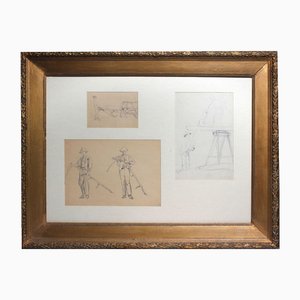 3 Sketches Triptych, Early 1900s, Watercolor & Pencil, Framed
