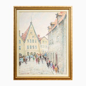 Landschaft mit Menschen in den Straßen, Öl auf Leinwand, 1960er