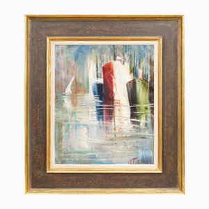 Boats in the Harbor, Oil on Canvas, 20th Century