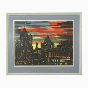 City at Night, Watercolor on Paper, Late 20th Century