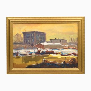 Aleksandrs Zviedris, Yacht Club, Oil on Board, Framed